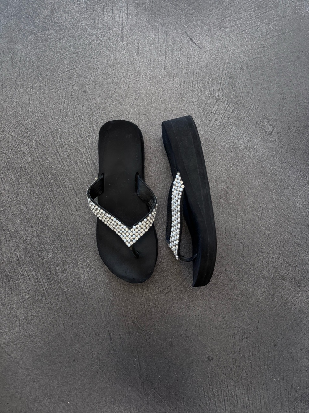 Black Rhinestone Platform Flip Flop Sandals - Women